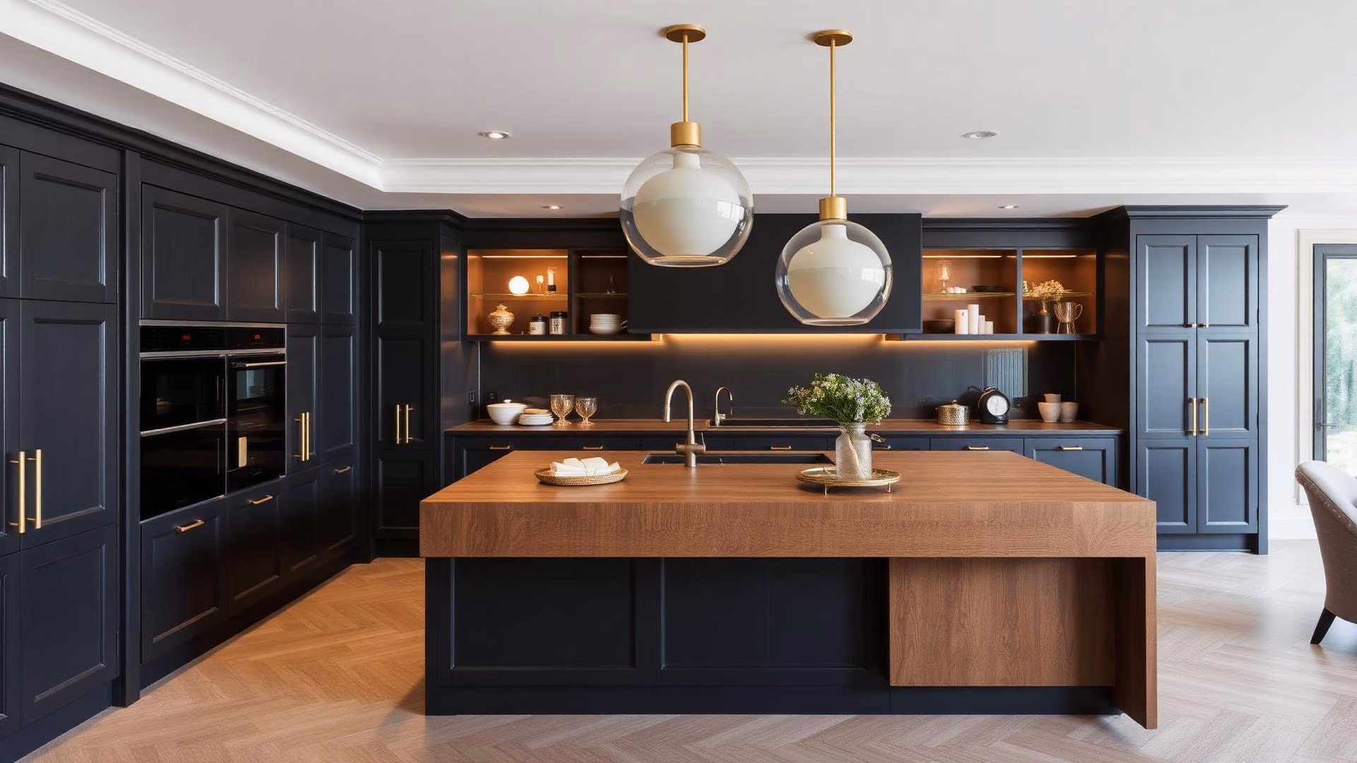 Custom built dark kitchen with wood island